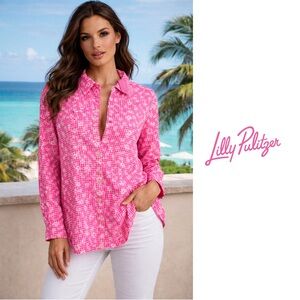 NEW Lilly Pulitzer Sea View Pink Aura linen Button Down